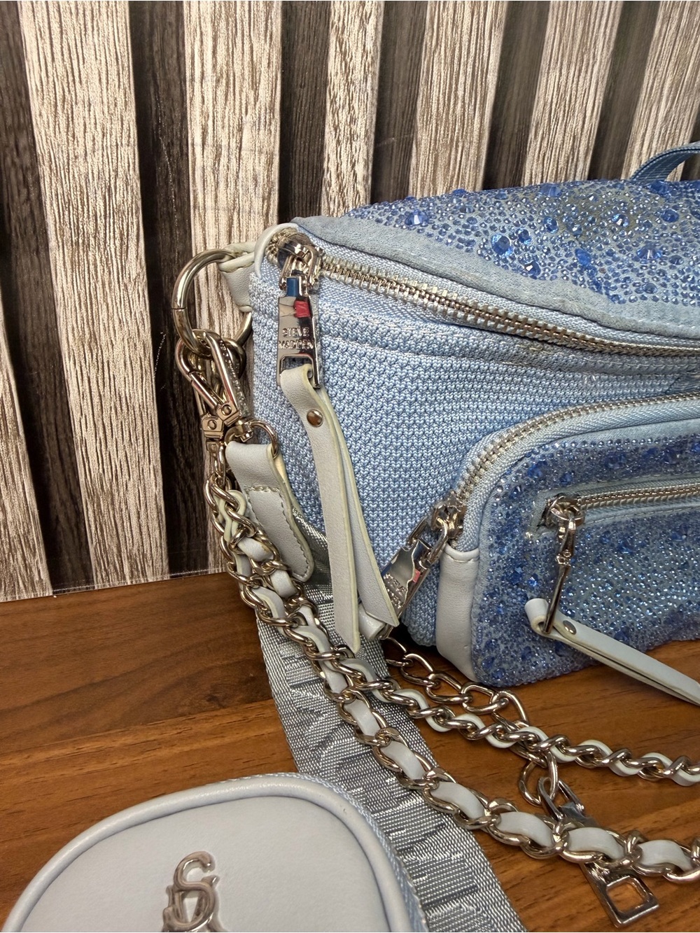 Steve Madden Light Blue Embellished Crossbody Bag with Chain Detail - Picture 5 of 16